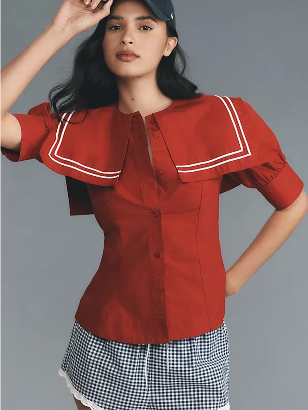 Damson Madder Keisha Red Sailor-Collar Button Front Women's Top